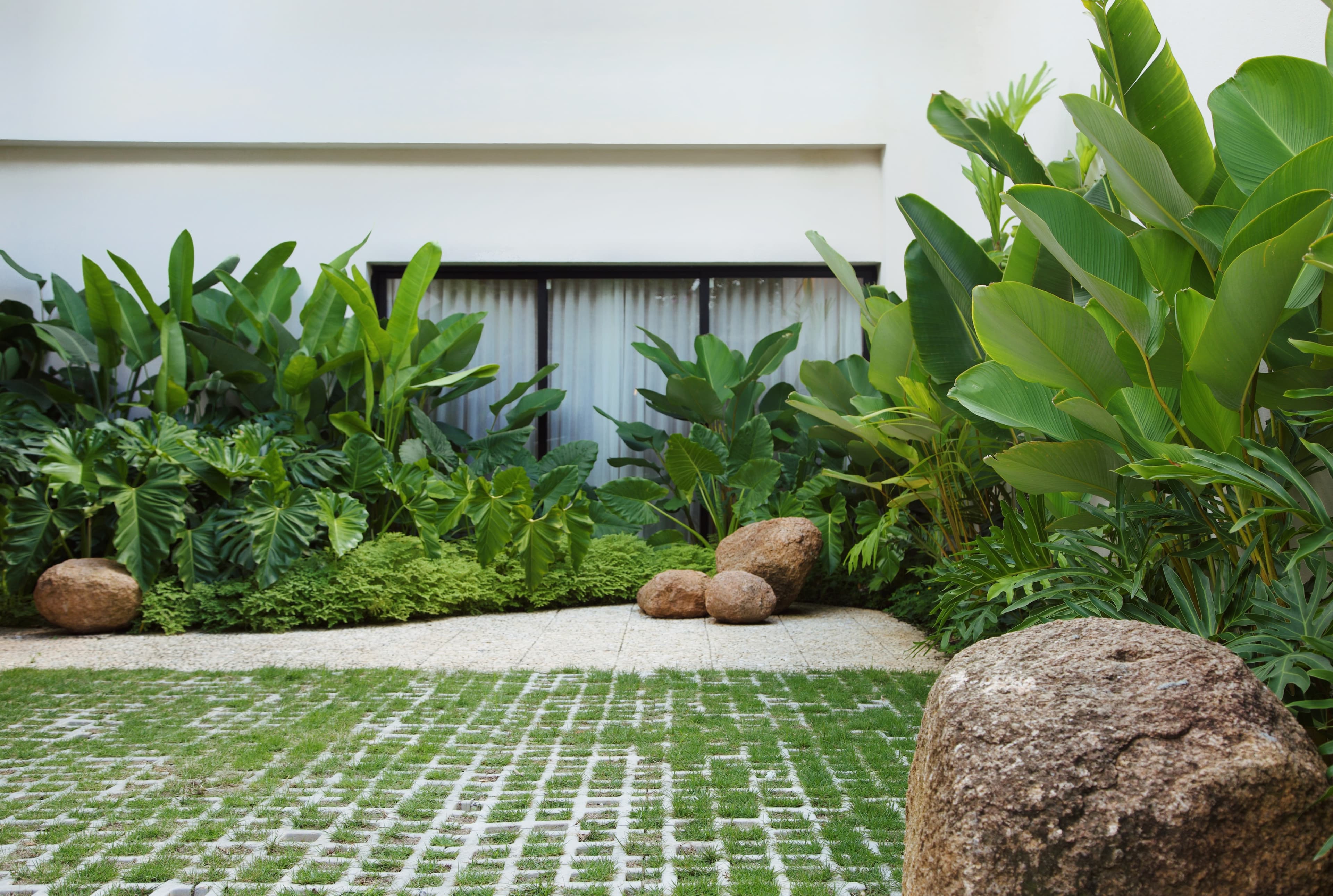 Jardim tropical projetado pela MUSGO, com pedras naturais e folhagens junto à fachada